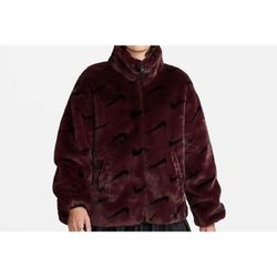 New Woman's Nike Sportswear Plush Faux Fur All-Over Print Jacket Size XL