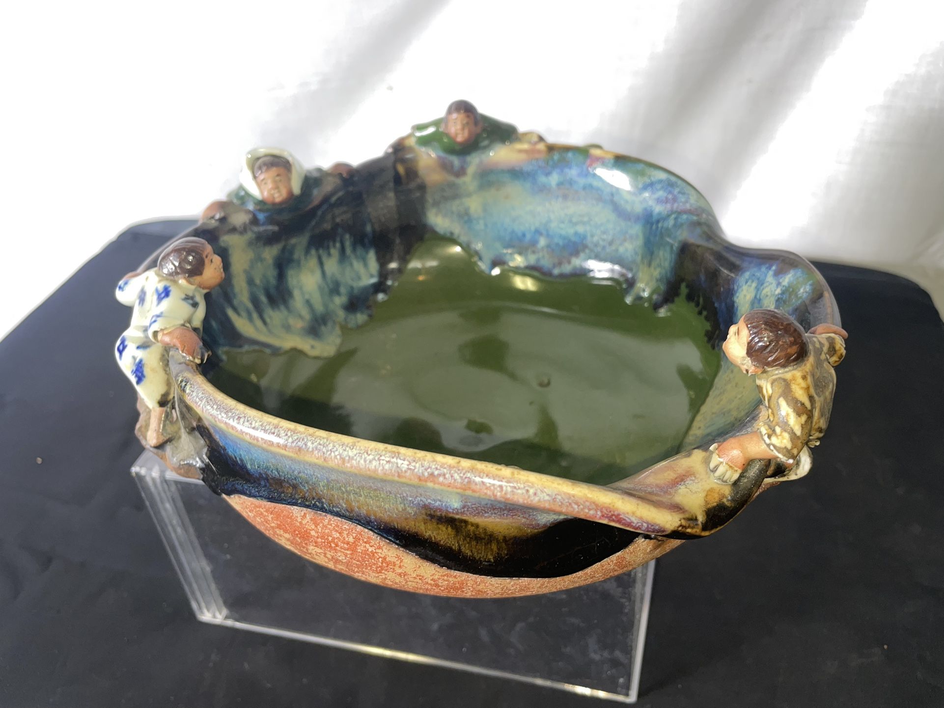 Sumida Gawa Large Pond Bowl 4 Figures and Nest W Eggs...