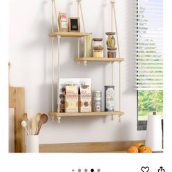 4 LEFT!!! GOING FAST!! Hanging Shelf with Vine Lights 3 Tier Boho Plant Wall Shelf Floating Shelves Rope Rustic Wood 
