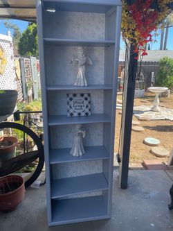 Wooden gray Book case with wall paper - 24 inches wide /. 11.5 inches deep / 74.5 inches high