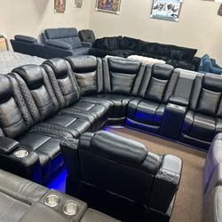 Blace Sectional Recliner Sofa With Cuo Holder And LED