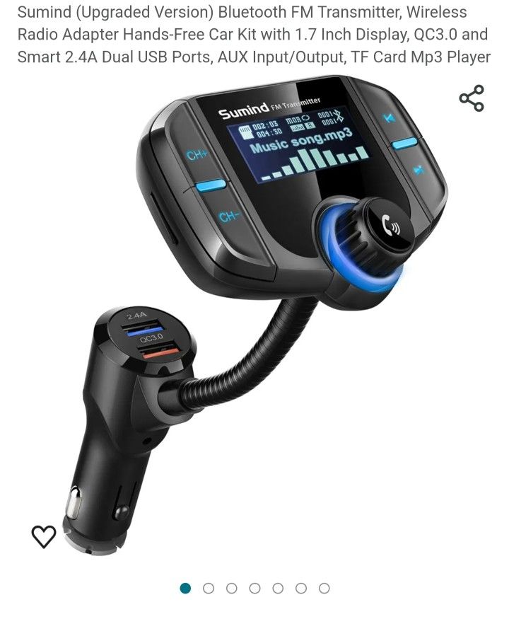 Brand New. Sumind (Upgraded Version) Bluetooth FM Transmitter, Wireless
Radio Adapter Hands-Free Car Kit with 1.7 Display, QC3.0, 2.4A Dual USB. 