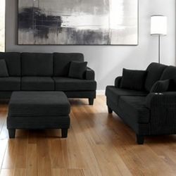 Brand New Black Corduroy Sofa & Loveseat w Storage Ottoman 