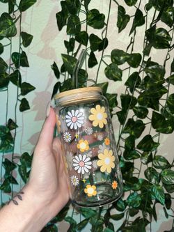 Flower Glass Cup with Straw and Lid and Straw Cleaner! 