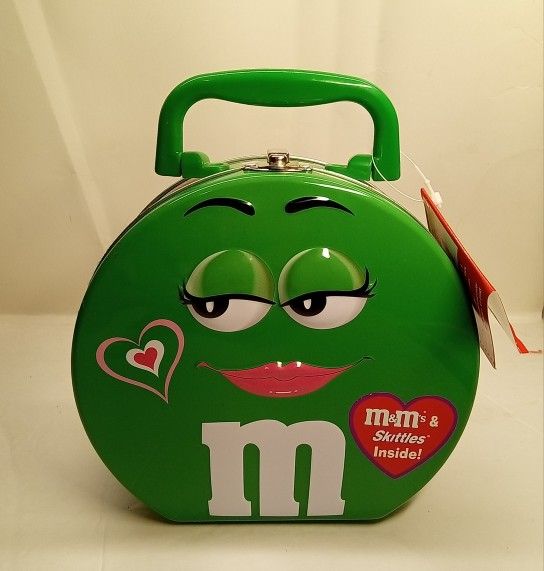 VTG MS Green M&M Lunch Box Round W/Green Handle Silver Inside Original Tag C2003
