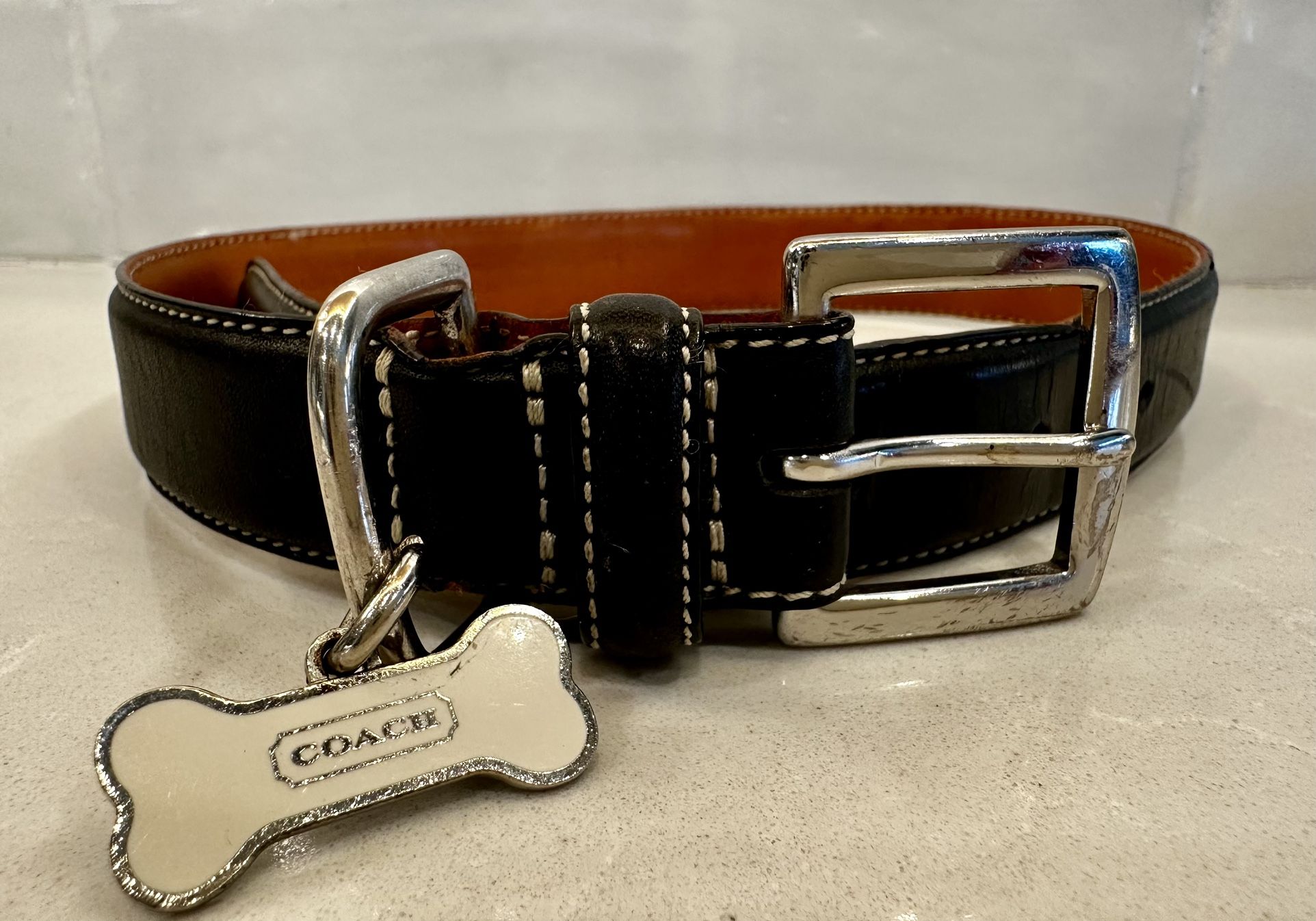 Coach Black Smooth Leather Silvertone Bone Charm Dog Collar Large 17-21”
