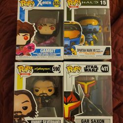 4 Funko Pops (Gambit, Spartan, Gar Saxon, Johnny Silverhand)