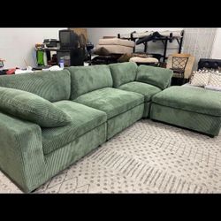 New 4 Piece Corduroy Fabric Sectional. Sage. 40” X 127”. Free Delivery!