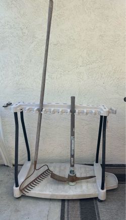 Suncast Outdoor Lawn and Garden Tool Rack with Wheels, Light Taupe - FREE Garden rake, pick, tools