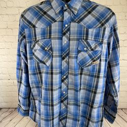 Vintage Wrangler Wrancher Blue Plaid Pearl Snap Shirt Long Sleeve Shirt Sz Large