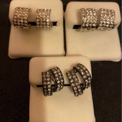 Silver And Black Stainless Steel Earrings With Sparkling Rhinestones 