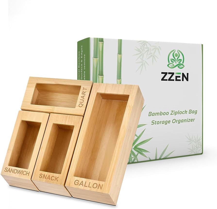 Zzen Bamboo Bag Storage Organizer - Bamboo Food Plastic Baggie Holder, Dispenser and Container for Kitchen Drawer and Cabinet - Fits Ziplock and Ziplo