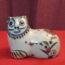 Large Vintage Mexican Tonala Cat Hand Painted Pottery 