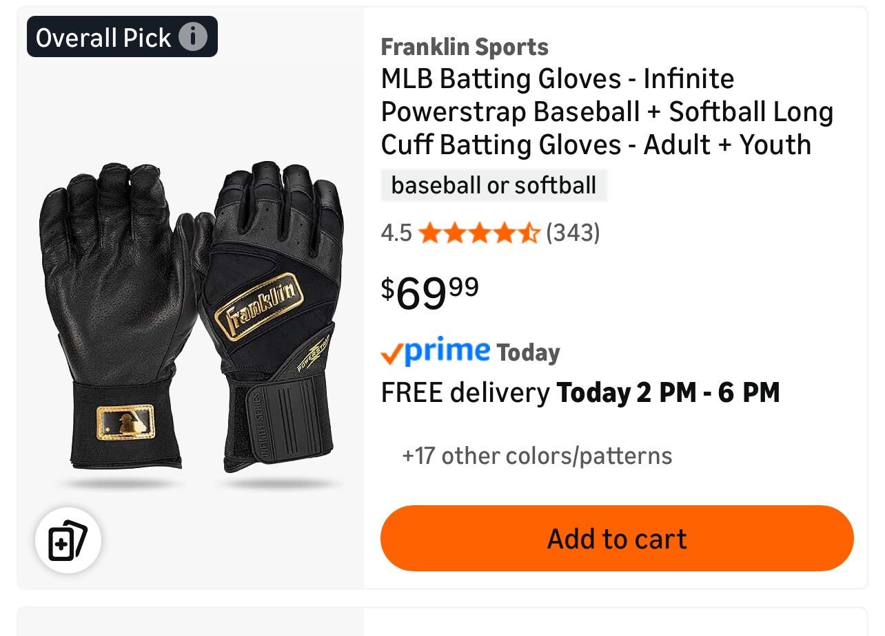 New Franklin Sports MLB Batting Gloves - Infinite Powerstrap Baseball + Softball Long Cuff Batting Gloves - Adult Medium