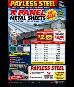 Bundle of 25 pcs of 16ft R panel metal sheets,  26 gauge only $1060