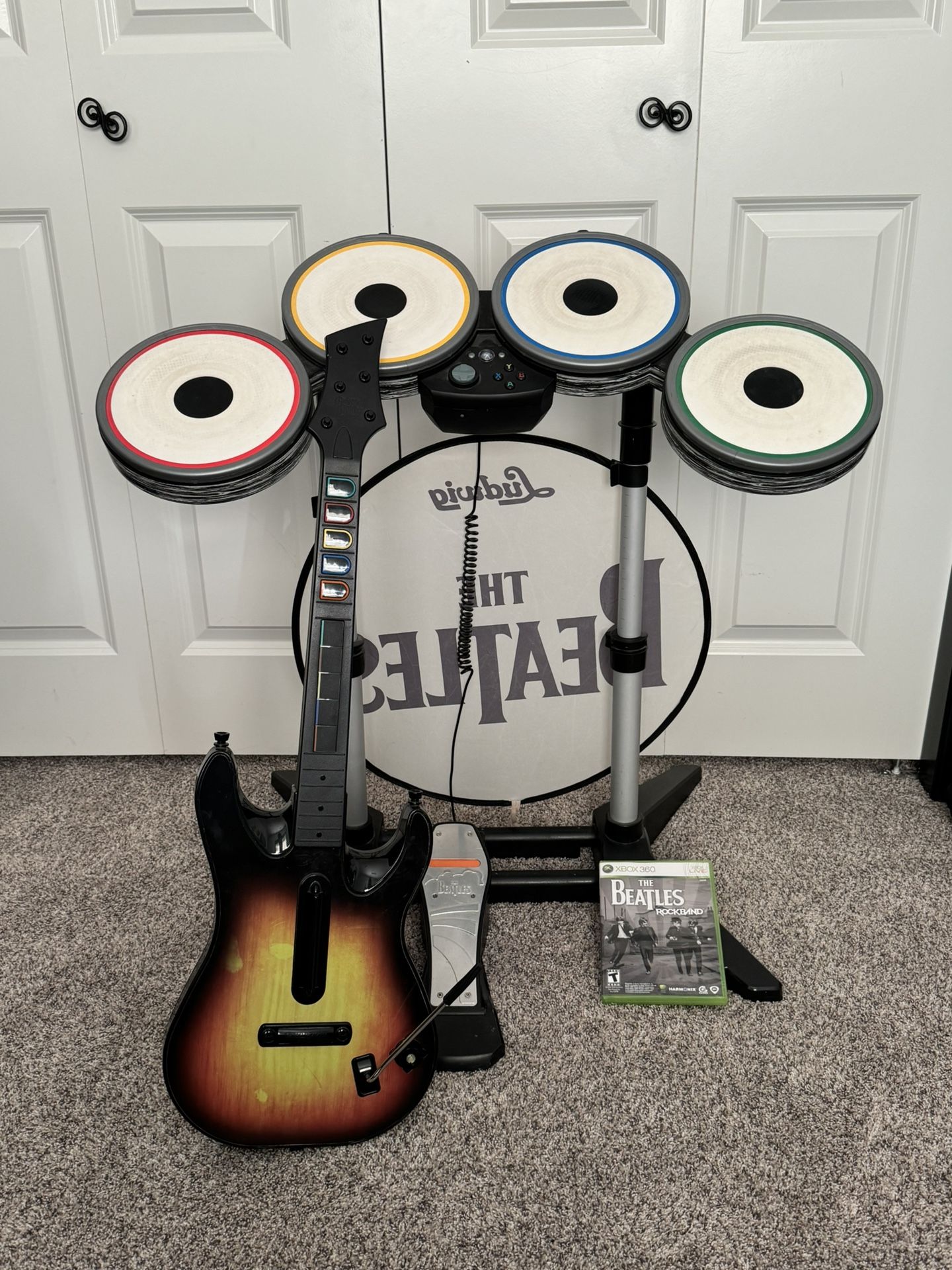 Xbox 360 Beatles RockBand Limited Edition Bundle Drums Bass Guitar and Game Used