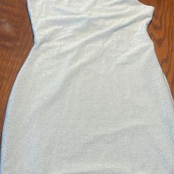 Off Shoulder One Sleeve Silver Party Dress 