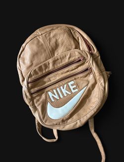 Nike Tan Leather Backpack with White Swoosh and Front Zips