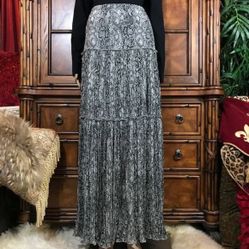 NWOT G.I.L.I Smoke Snake Micro PleatTiered Side Front Slit Maxi Skirt Large LP zipper Elastic Waist Lined