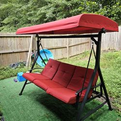 3-Seat Outdoor Converting Canopy Swing Glider Patio Hammock w/ Removable Cushions - Burgundy