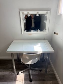 White Vanity Desk with Lighted Mirror & Rolling Chair