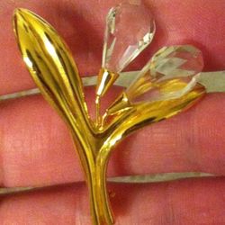 Swarovski Gold Tone & Clear Crystal Two flower Pin Brooch. 