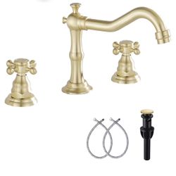 Brushed Gold Bathroom Faucet GGStudy 2 Handles 3 Holes Widespread Bathroom Sink Facuet Farmhouse Washingroom Faucet Mixer Tap