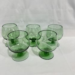 #52 Vintage Art Glass Handblown Green Pedestal Wine Glass Mexico 6” Set Of 5
