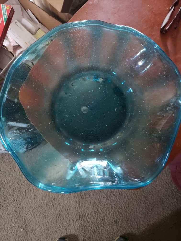 Vintage Peacock Blue Hand Blown Fruit Plate