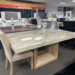 Cream/gray Marble Top Dining Table W/ Square Wooden Base W/ 4 Free Microfiber Chairs For Sale (new)