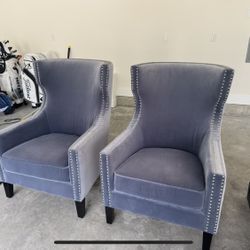 Velvet Elegance Grayish Blue Accent Wing Chairs 