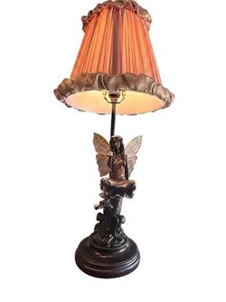Vintage-Style Bronze Fairy Table Lamp with Pleated Peach Fabric Shade & Crystal Orb Accent - Whimsical Art Nouveau Fantasy Decor