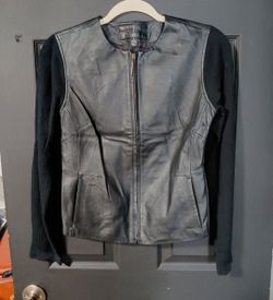 Jaclyn Smith Women's Genuine Leather and Ribbed Knit Jacket Black Size S