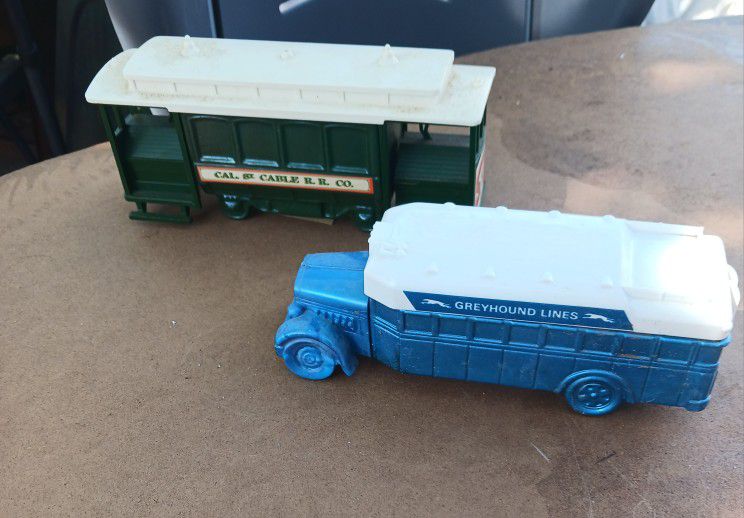 VINTAGE AVON CABLE CAR AND GREYHOUND BUS