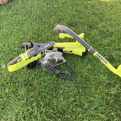 18v 10” Ryobi Chainsaw 18v Blower 18v Trimmer 7 1/4” Corded Circular Saw 