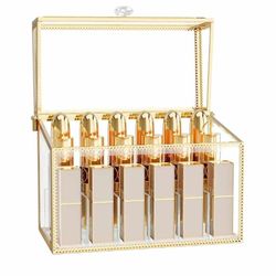 NEW Lipstick Organizer,Luxury Tempered Glass Lipstick Holder & Nail Polish Organizer, 18-Slot Vanity Cosmetic Organizer with Removable Dividers, Gold