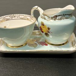 Sutherland England 1950s Creamer Sugar Bowl Serving Tray Blue Floral Gilt