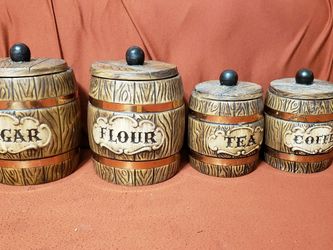 Vintage TREASURE CRAFT Sugar Flour Coffee Sugar Canister Wood Grain Barrel Copper Band 1970s