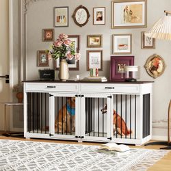 72.4 inches Modern Minimalist White/Black Wooden Dog Crate Furniture with 2 Drawers and Divider