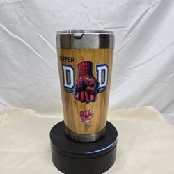 Super Dad 20 oz Tumbler – Painted Wood Grain Look – Spider Hero Fist Bump Design – Epoxy Sealed Stainless Steel Travel Mug – Perfect Gift for Dad