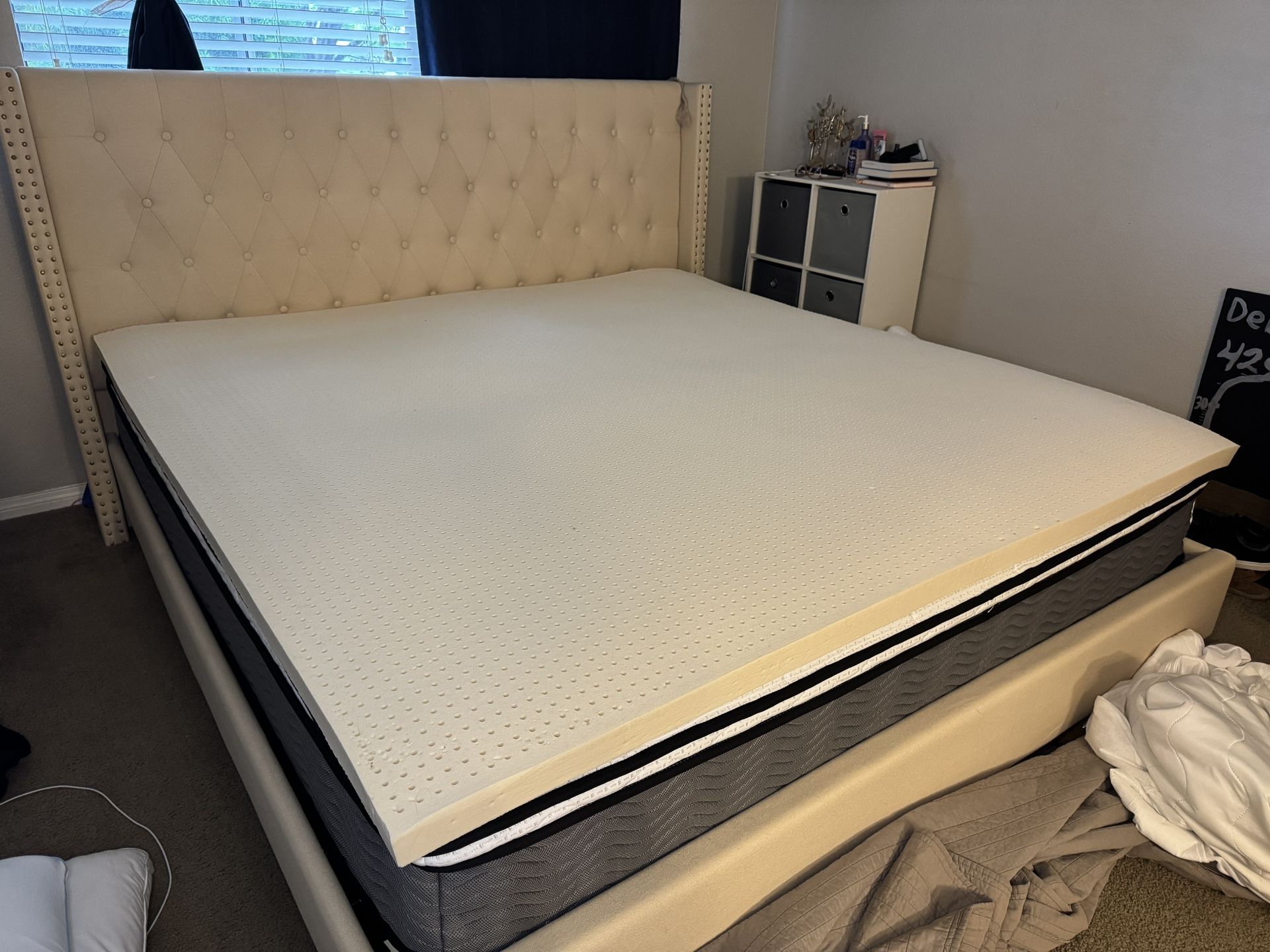 King Size Bed Frame, Mattress, And Mattress Topper