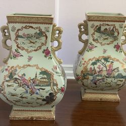 Pair of Vintage Hand-Painted Porcelain Vases – Famille Rose Style, Hunting Scene