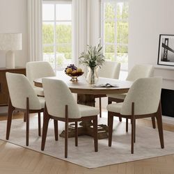 E251-Modern Dining Chairs, Faux Leather Kitchen Chairs with Wood Legs, Upholstered Side Chair for Kitchen Dining Room (Beige, Set of 6)
