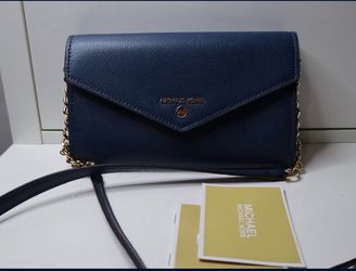 New Michael Kors Jet Set Travel Medium Pebbled Leather Crossbody Bag navy blue