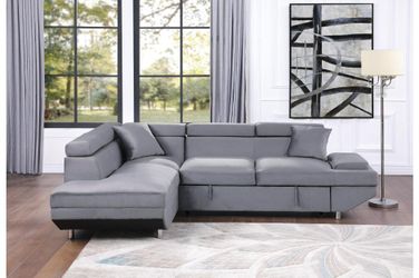 Brand new 107" x 76" light grey velvet pullout sectional with pocket coil cushions