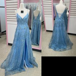 New With Tags Baby Blue Glitter Sequin Long Formal Dress & Prom Dress $199