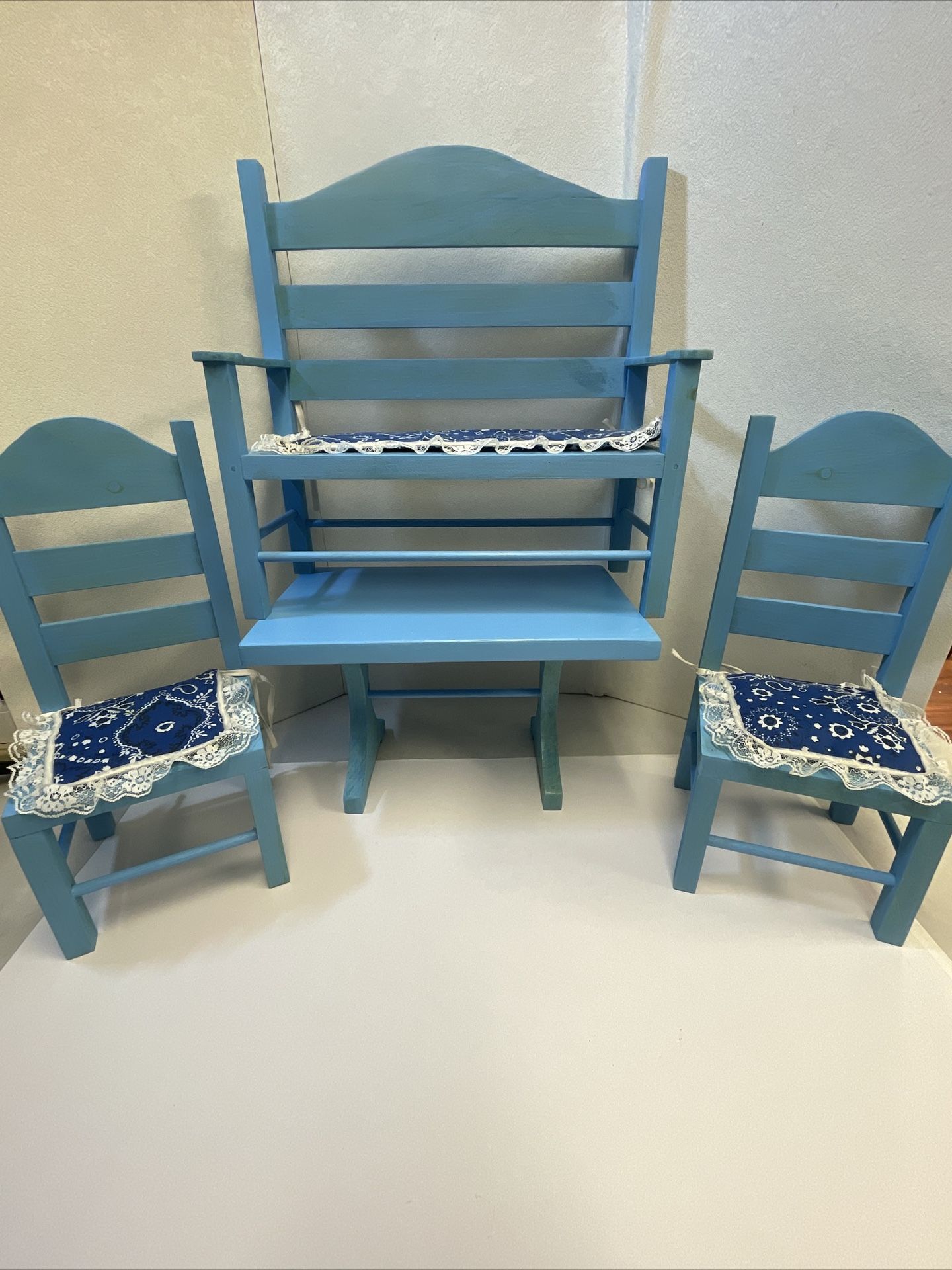 Vintage American Girl Doll Wood Furniture Trestle Table Chair Bench Cabinet Blue