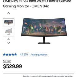 OMEN by HP 34 inch WQHD 165Hz Curved Gaming Monitor 