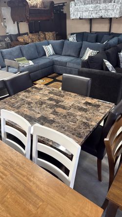 NEW FAUX MARBLE DINNER TABLE AND CHAIRS WITH BENCH