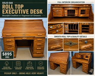 Vintage Solid Oak Roll Top Executive Desk with Matching Folding Oak Chair